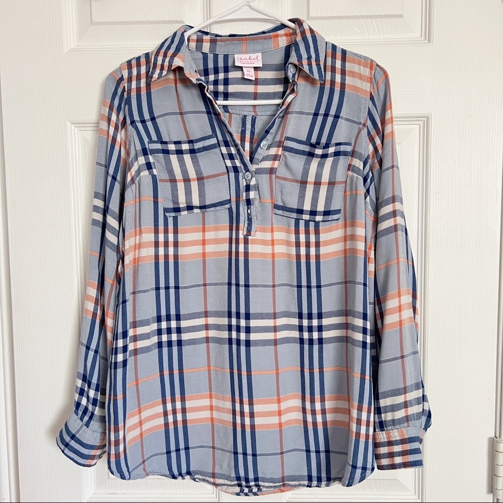 Isabel Maternity | Blue Plaid Long Sleeve Maternity Blouse